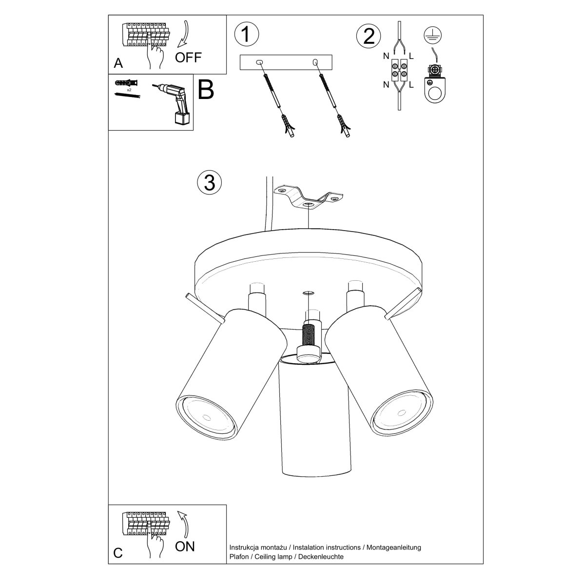Plafonnier Acier Blanc GU10 3 Ring blanc, EDEN