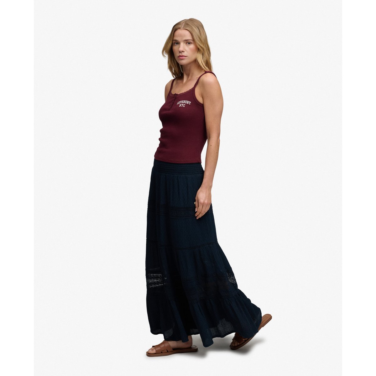 Jupe longue Ibiza ajourée ceinture smokée bleu marine éclipse, SUPERDRY