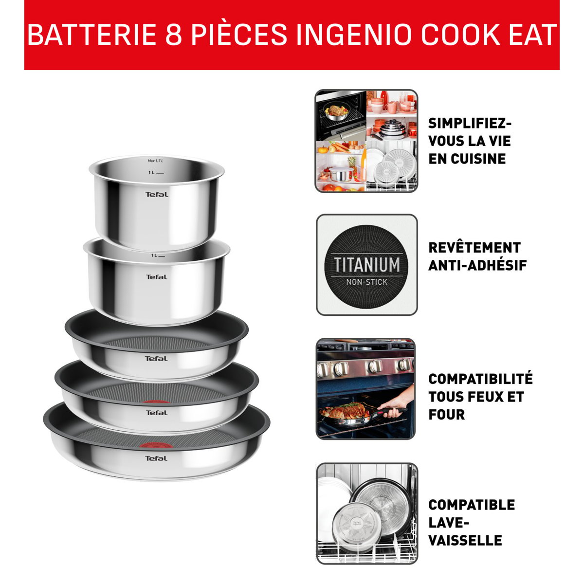 Batterie de cuisine - 8 pièces gris, TEFAL