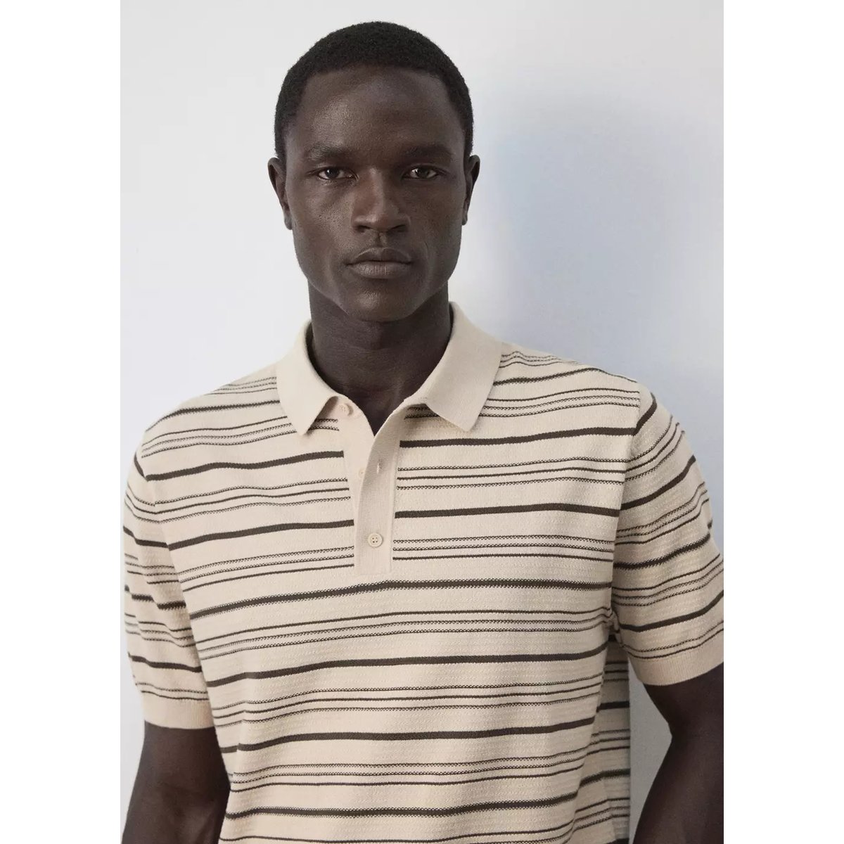 Polo en maille de coton mélangé à rayures beige, MANGO MAN