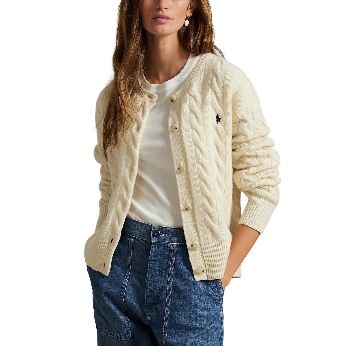 Cardigan en maille torsadée, 80% laine 20% cachemire crème, POLO RALPH LAUREN