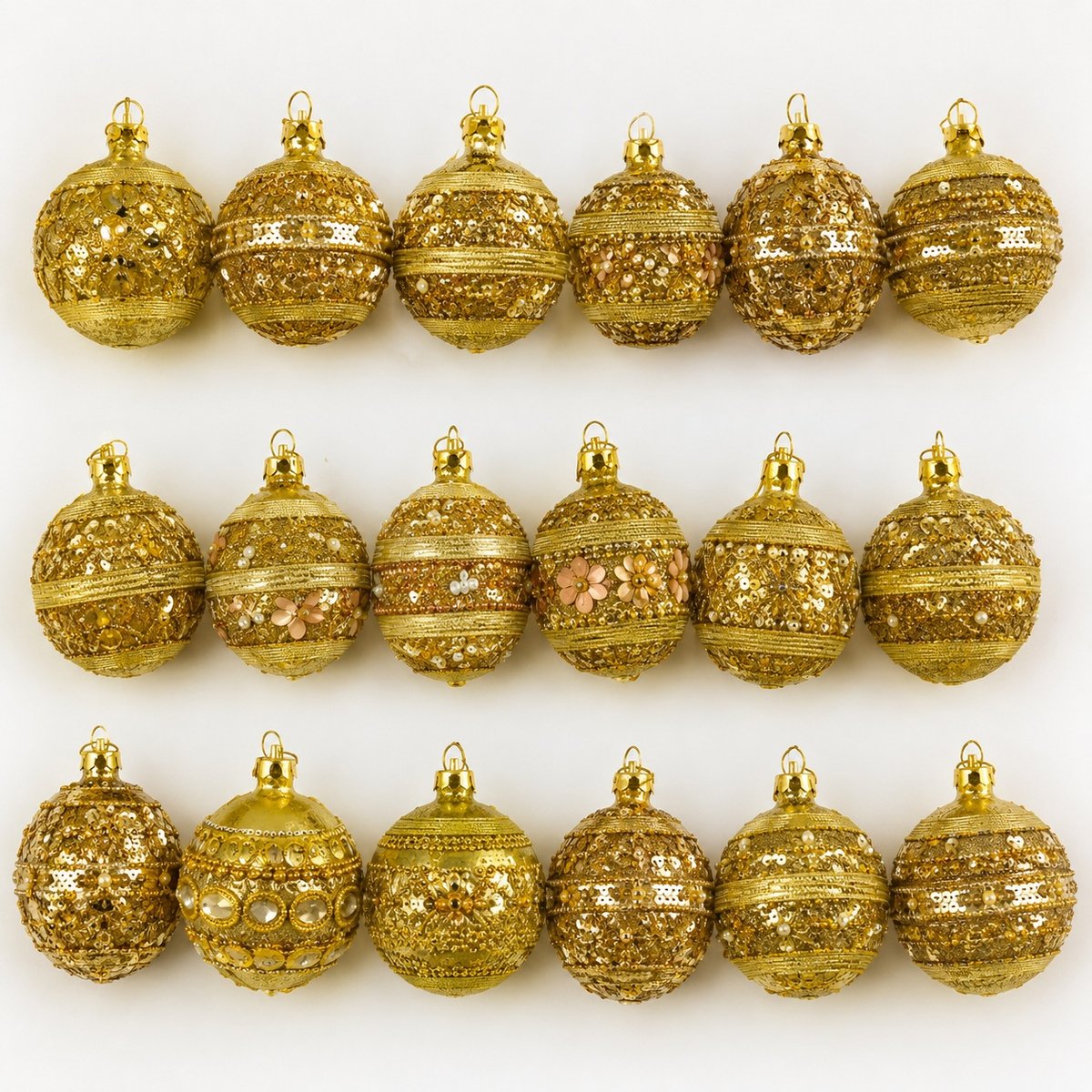 Set de 6 boules de Noël décorées – Sequins, strass et perles jaune, EDEN