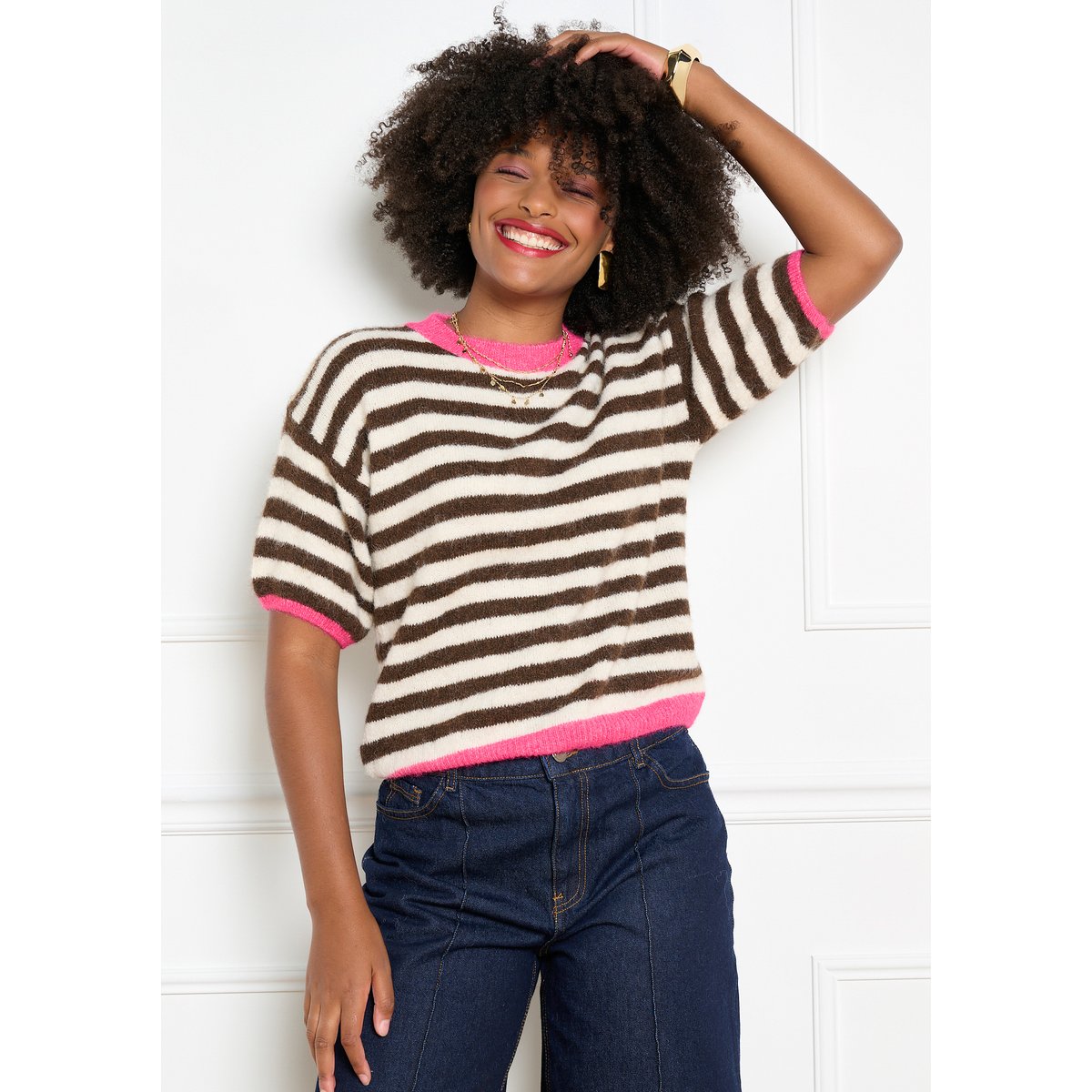 Pull rayé à manches courtes brun fonce chocolate, LOLALIZA