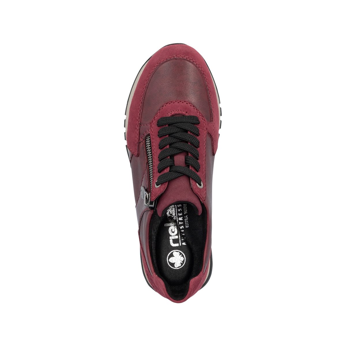 Baskets running en cuir bordeaux à talon plat avec lacets et zip latéral rouge foncé, RIEKER