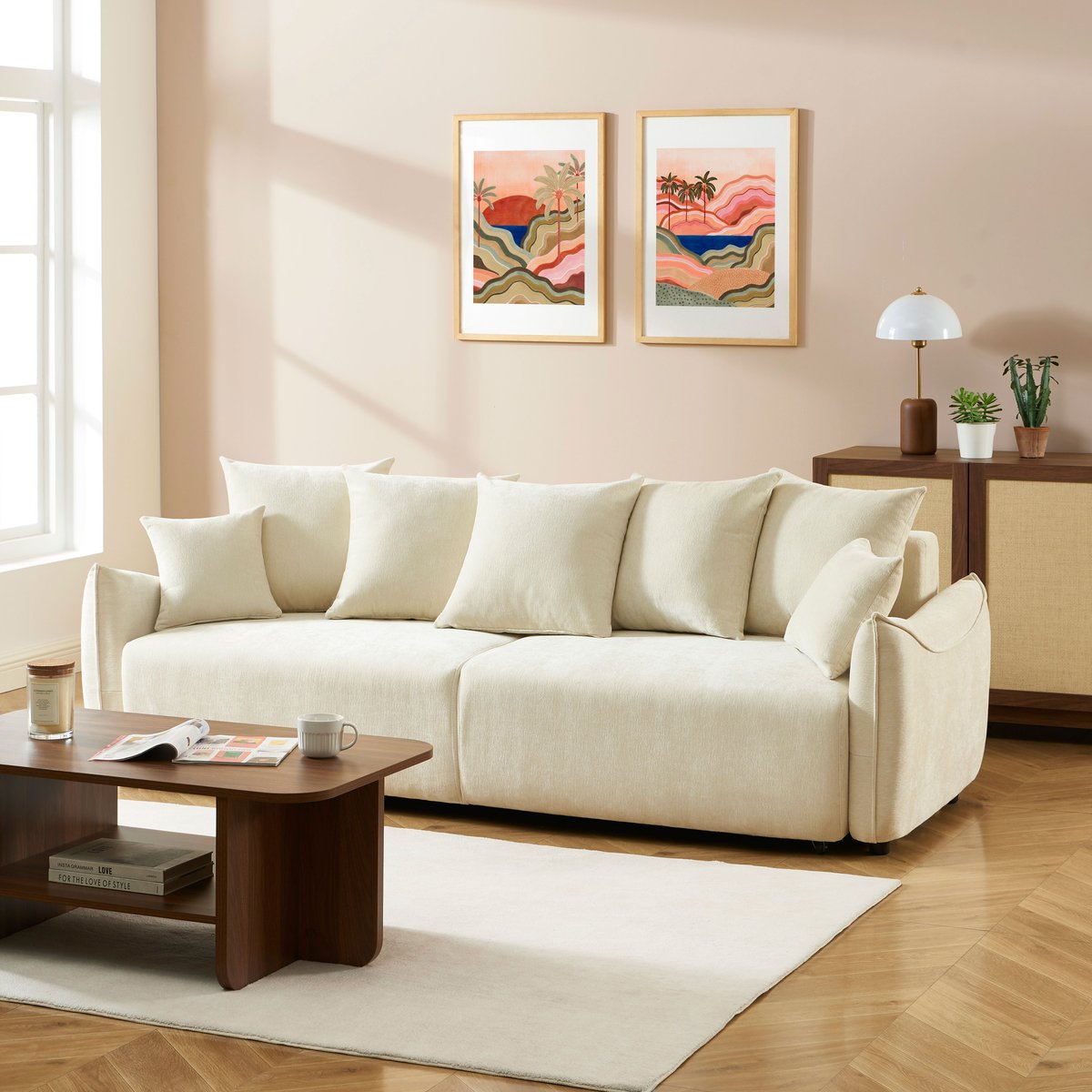 Canapé droit convertible tissu OPALINE beige, BAÏTA