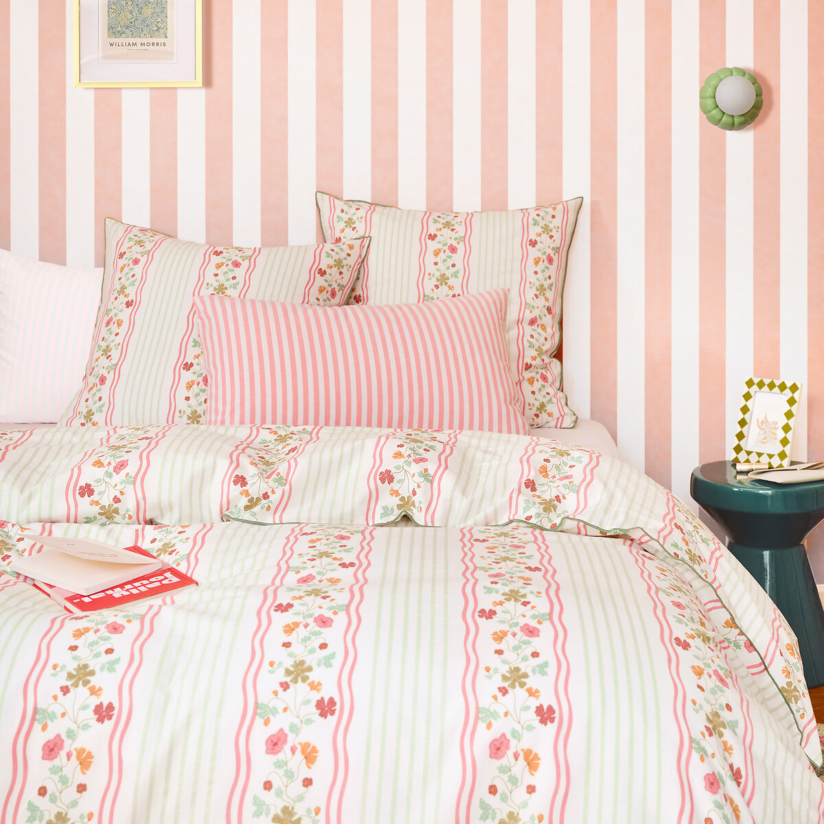 Fabiola Striped/Floral Print Washed Cotton Pillowcase floral and striped print, LA REDOUTE INTERIEURS