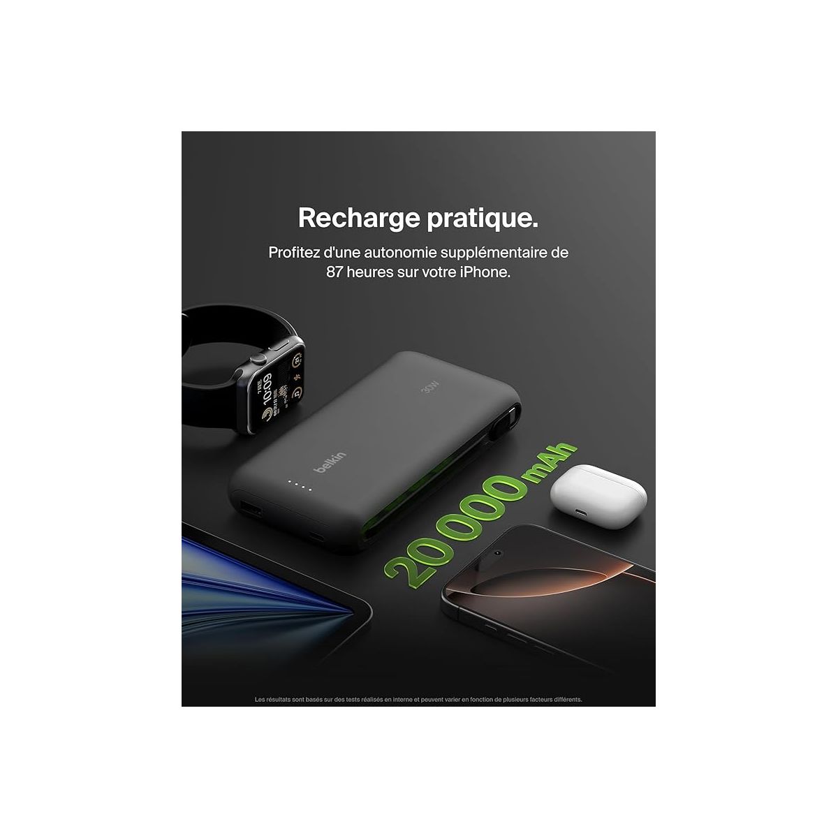 Batterie externe 20000 mAh avec cable USB-C intégre noir couleur unique, BELKIN