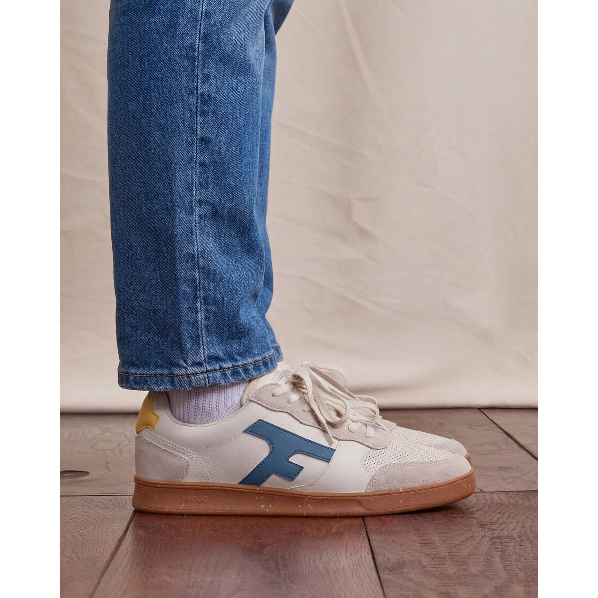 Baskets basses cuir suede HAZEL crème et jaune, FAGUO
