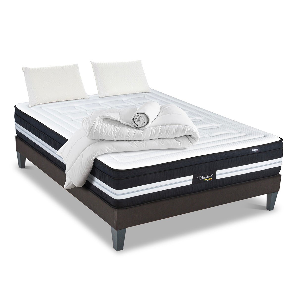 Pack Chambord 90x200 cm Matelas Ressorts + Sommier Bois + Accessoires blanc, BELLECOUR
