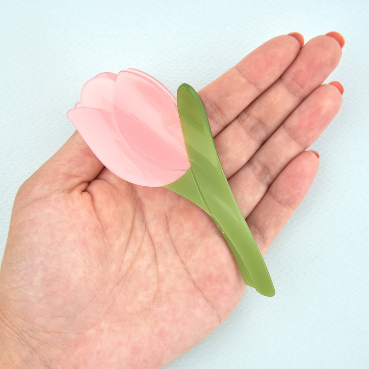 Pince à cheveux TULIPE rose avec tige vert nacré, COUCOU SUZETTE