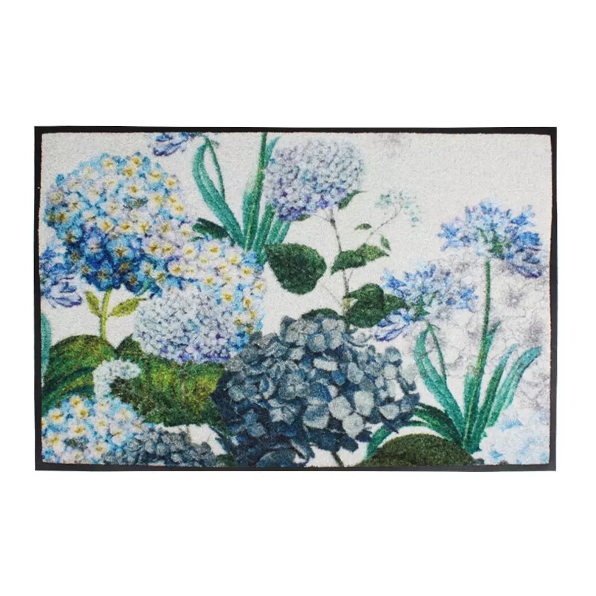 Tapis decor caoutchouc & nylon HORTENSIAS bleu, GARNIER THIEBAUT