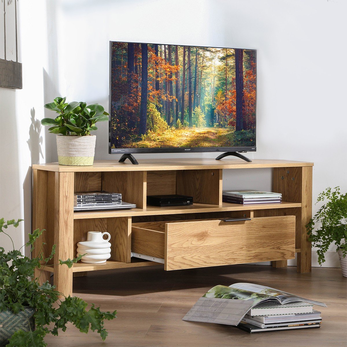 Meuble TV d'Angle 1 Tiroir Décor Chêne - L120 cm bois clair, CALICOSY