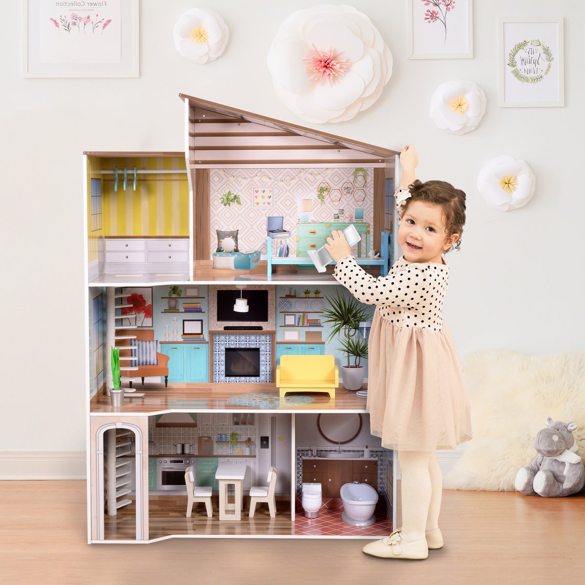Maison Poupée Bois 3 Étages rose, TEAMSON KIDS