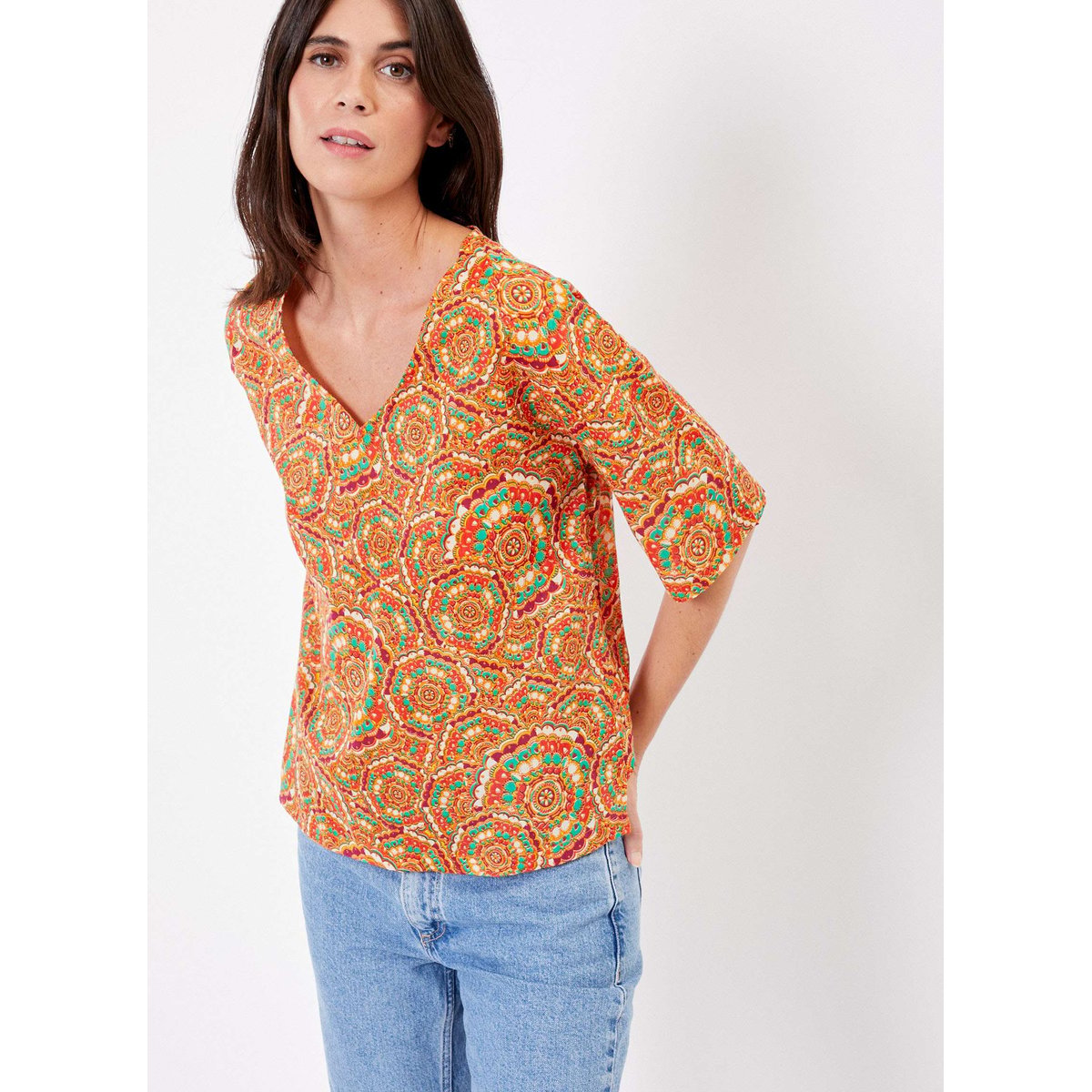 Top droit imprimé voile de coton bio DATI orange dati, LA FIANCÉE