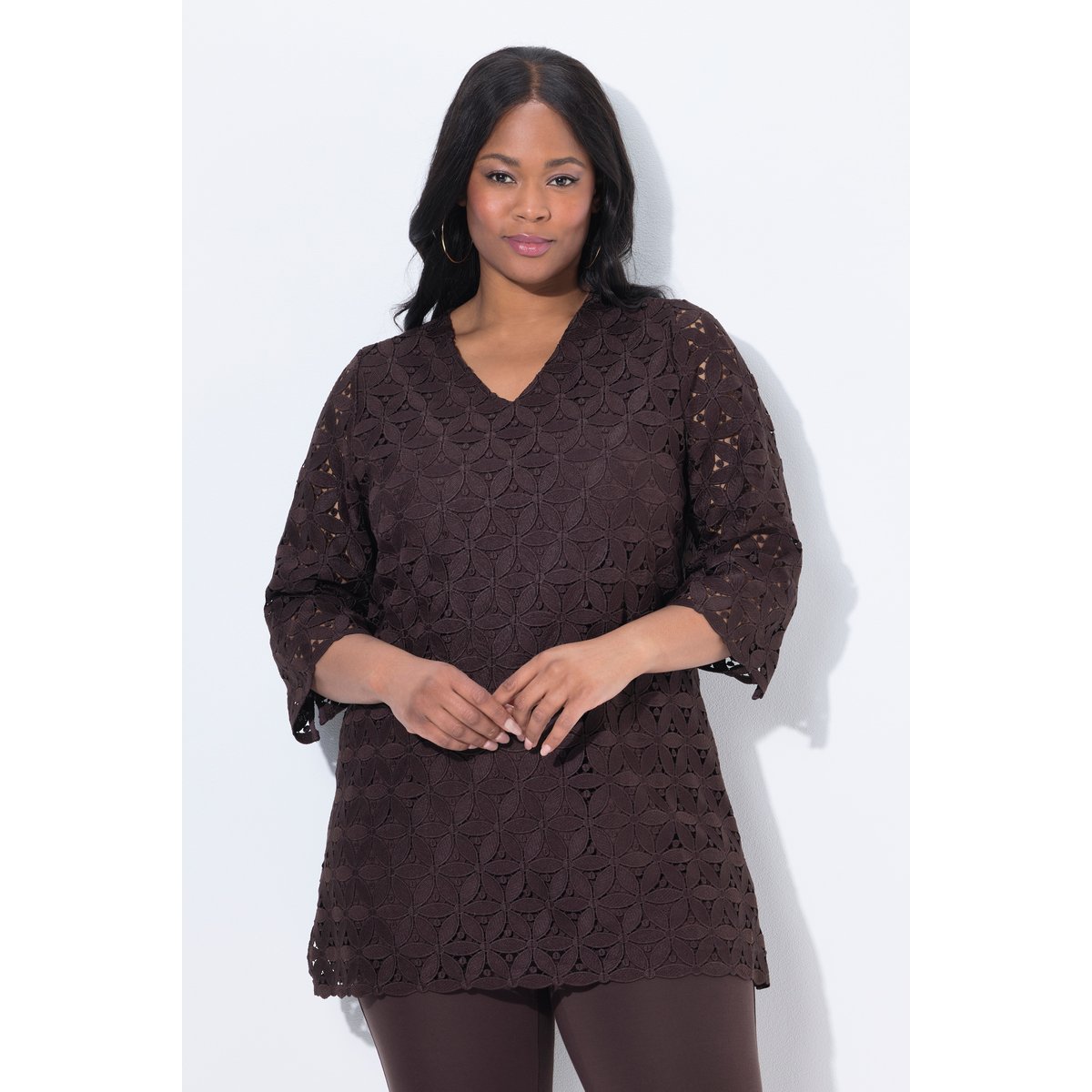 Tunique avec broderies ajourées marron pin, ULLA POPKEN
