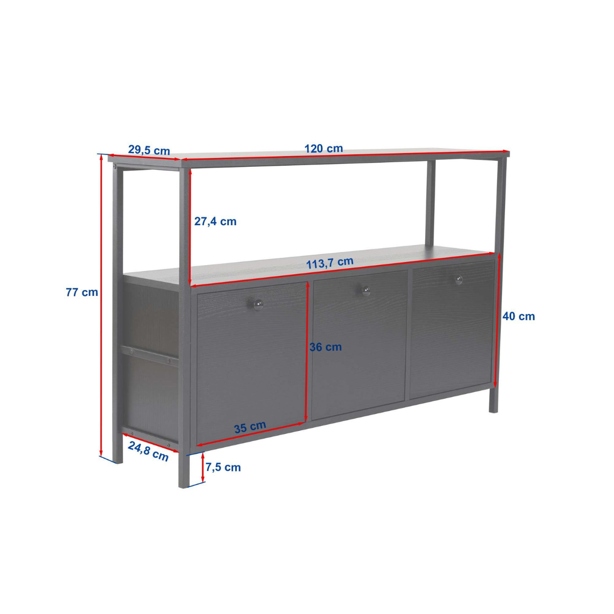 Buffet 3 portes avec étagère SIENNA chêne/ noir, CALICOSY