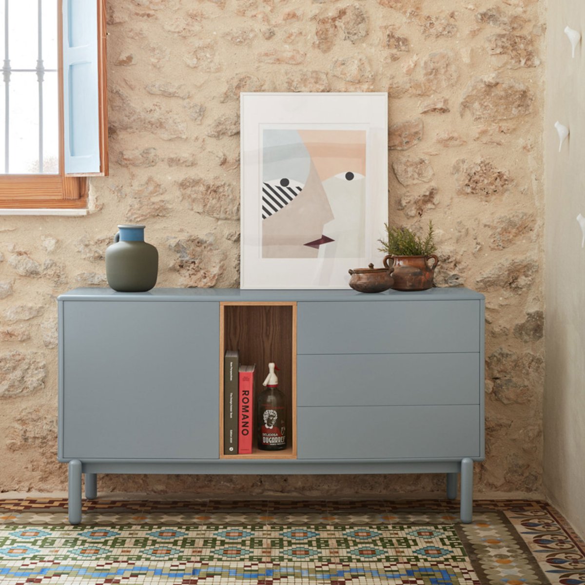 Buffet 1 porte 3 tirois en bois L136,8cm- CORVO gris clair, TEULAT