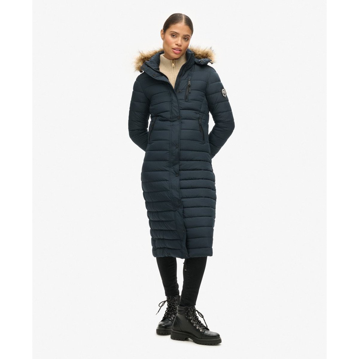 Doudoune longue et légère à capuche avec imitation fourrure bleu marine éclipse, SUPERDRY