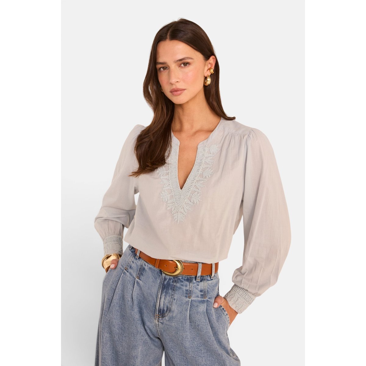 Blouse brodée à manches longues en coton MAISSA glacier, Maison 123