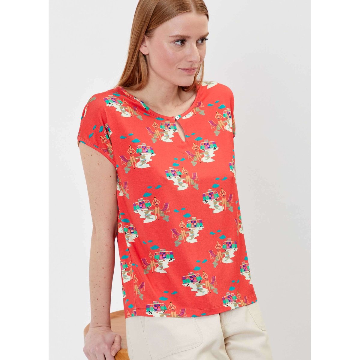 Top imprimé fluide motif rétro MIA rouge caravane, PRINCESSE NOMADE
