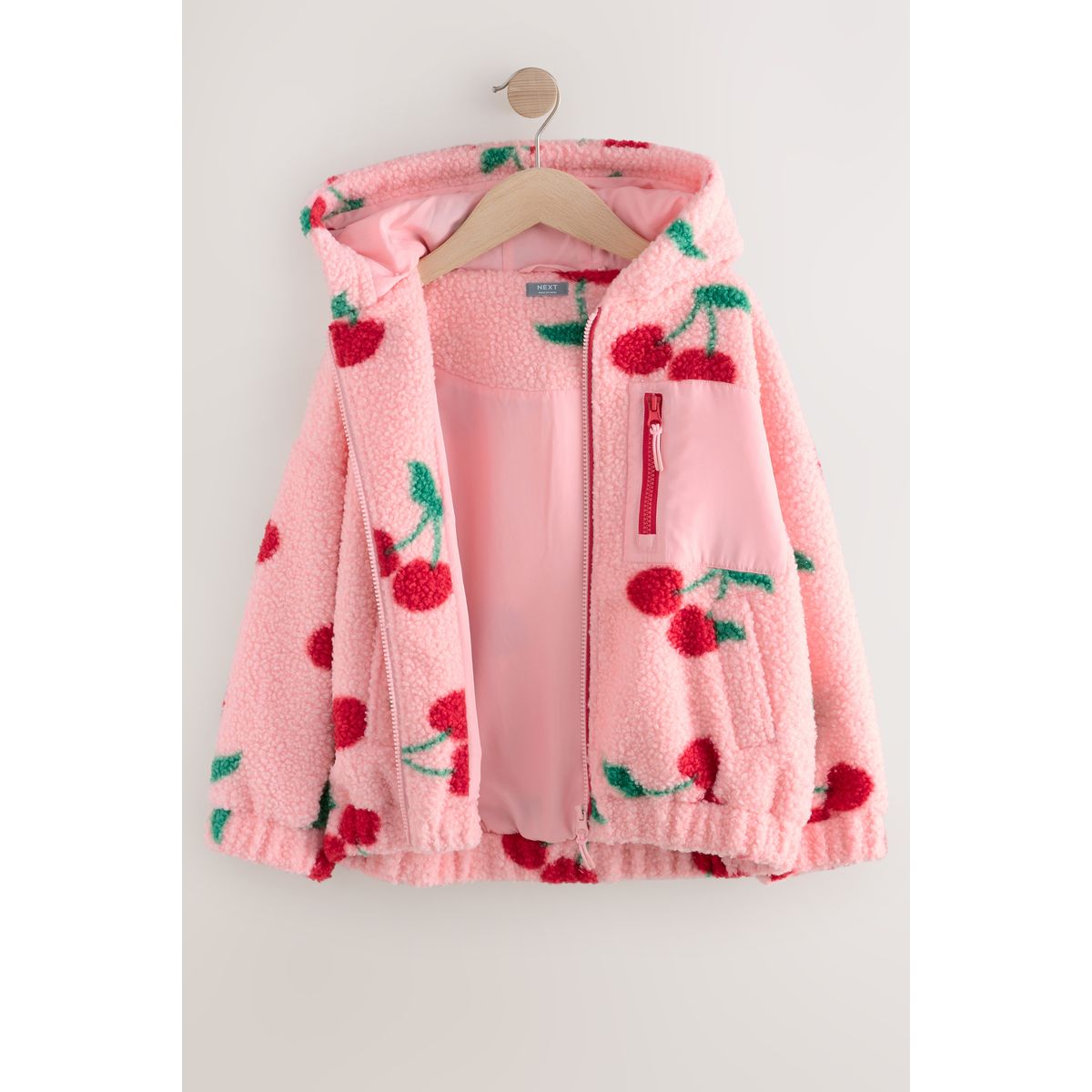 Veste à capuche en peau lainée zippée rose/rouge cerise, NEXT