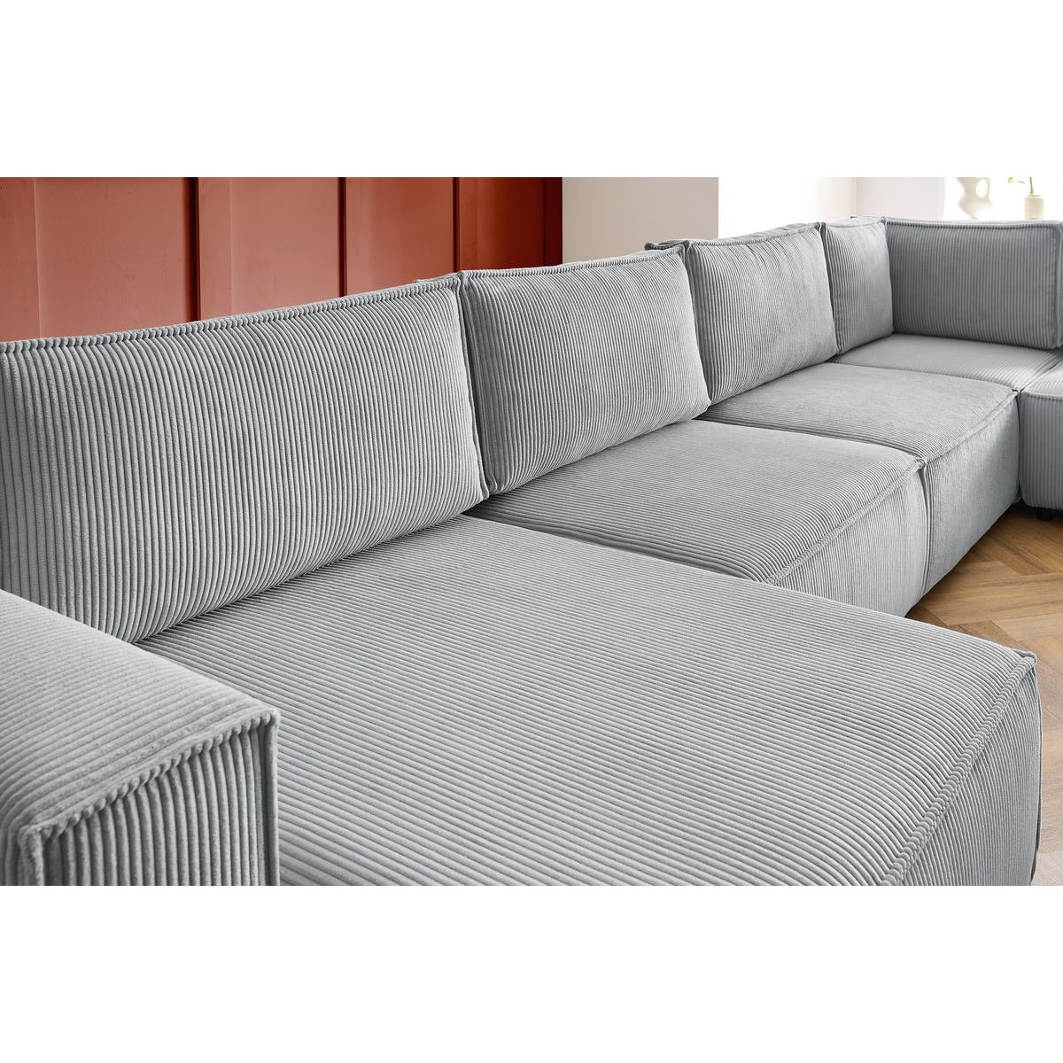 Canapé modulable 6 places en velours côtelé, NIHAD gris clair, BOBOCHIC