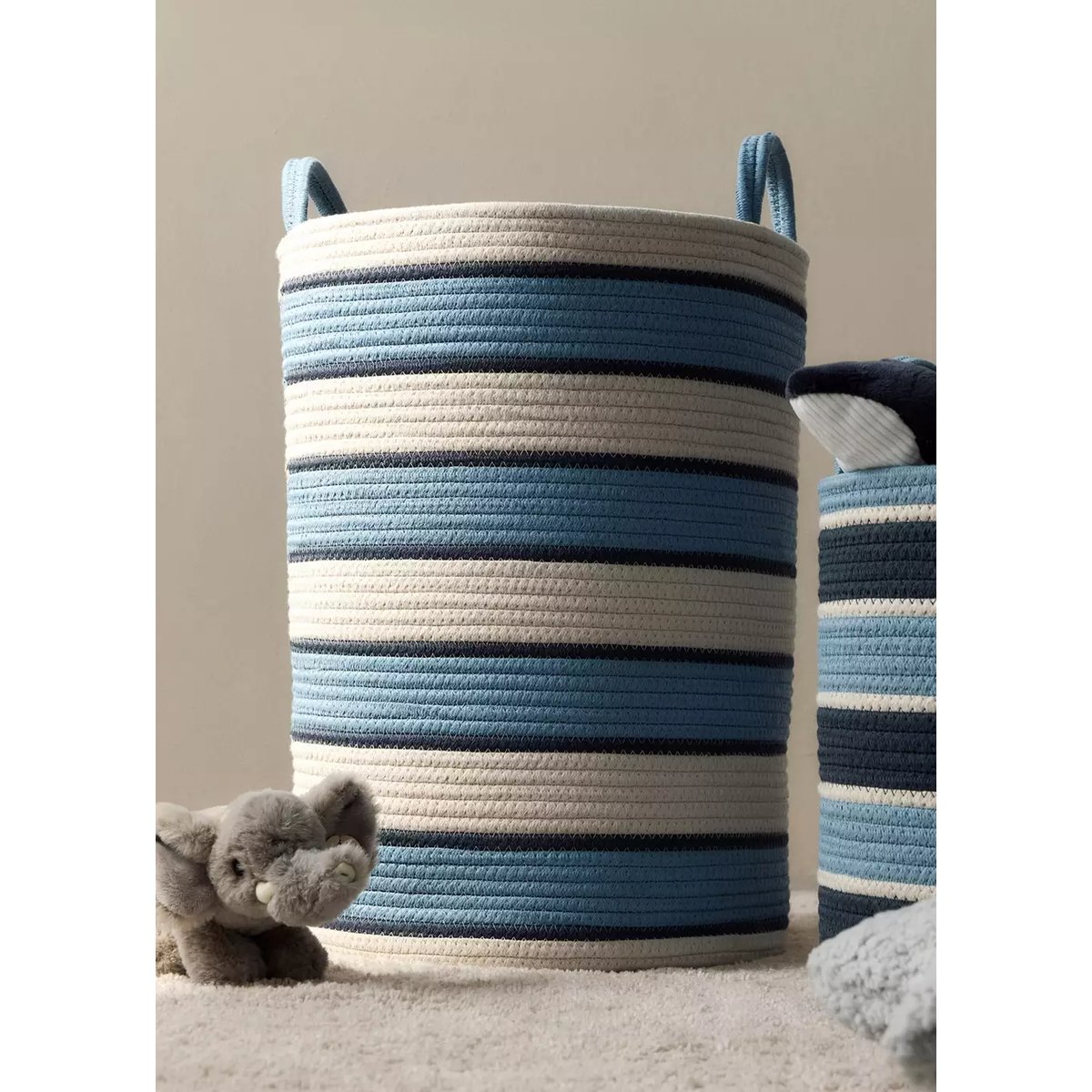Grand panier en coton avec anses rayées bleu, MANGO HOME