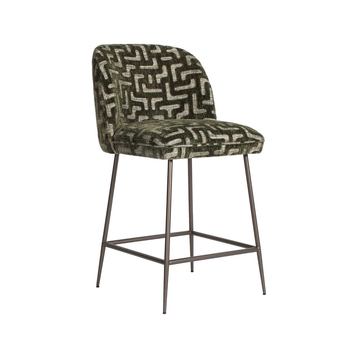 Tabouret de comptoir métal, Assise rembourrée vert mousse motif labyrinthe, RECOLLECTION