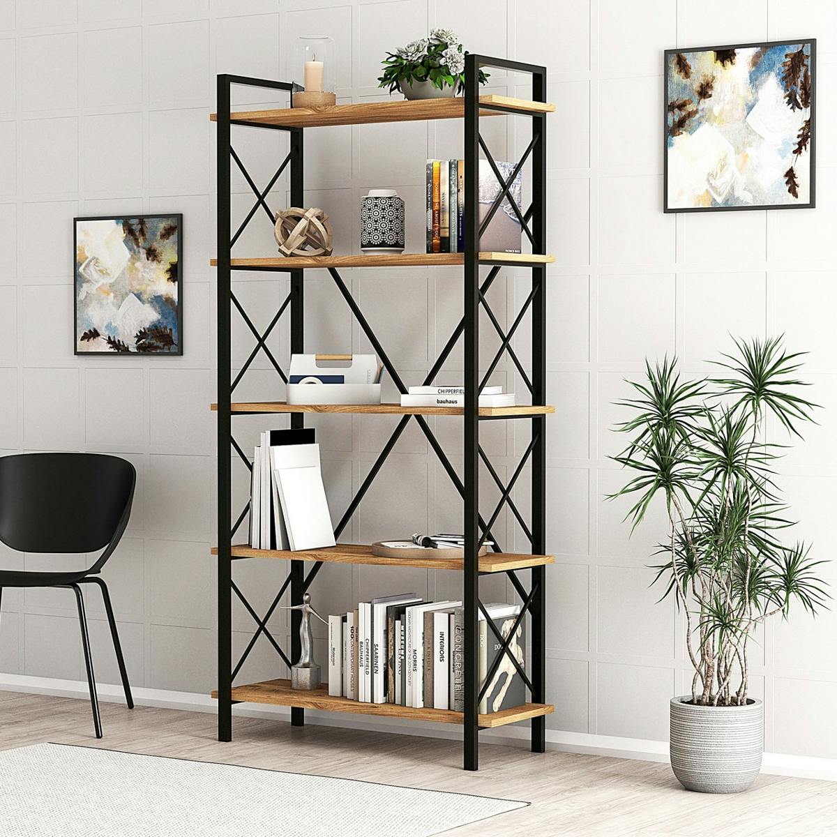 Bibliothèque industrielle à dos croisé, 5 plateaux JENA bois naturel, PIER IMPORT
