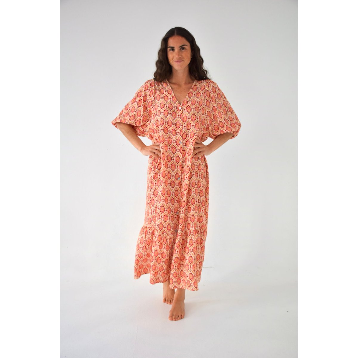 Robe imprimée boutonnée volant MICA bordeaux / orange, MINDTRAVELER