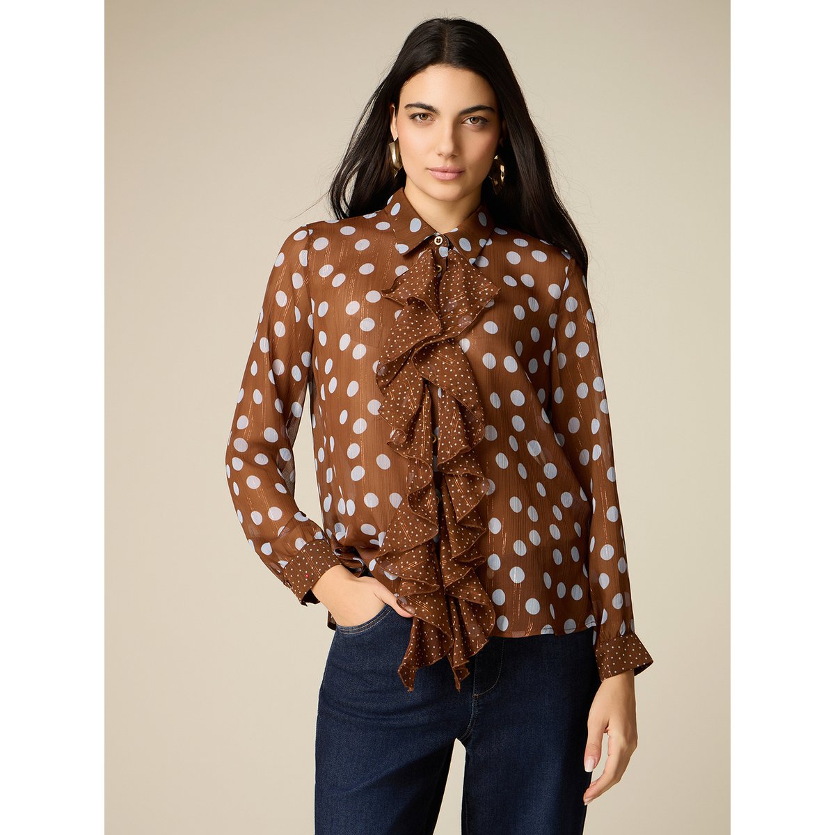 Chemise à pois avec nœud marron, OLTRE