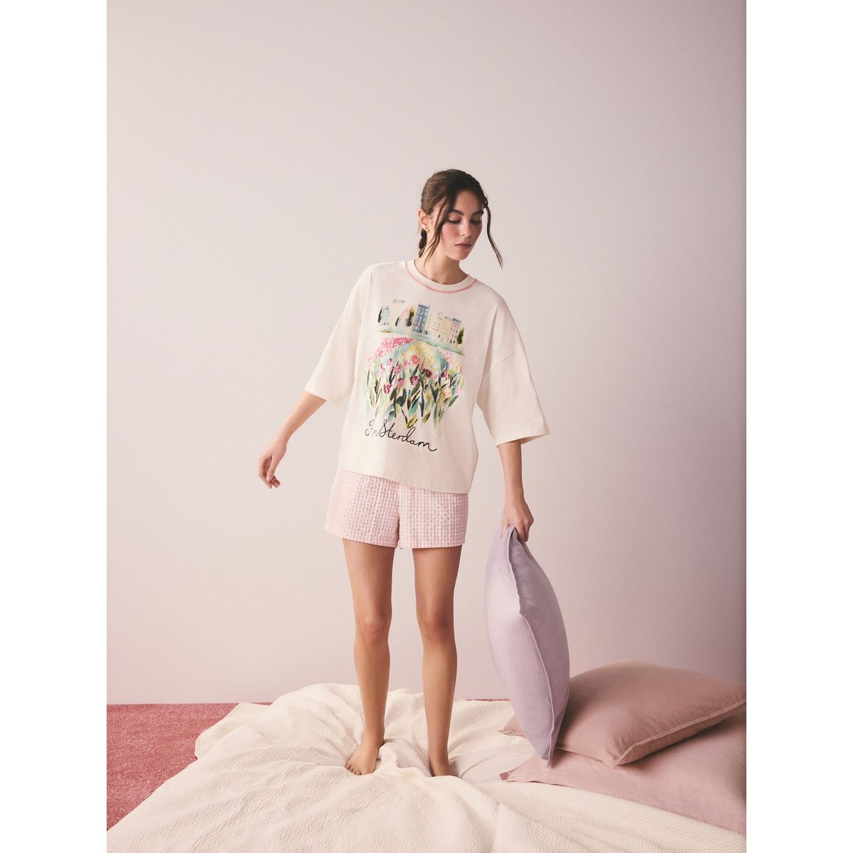 Pyjama manches courtes tissé rose amsterdam, NEXT