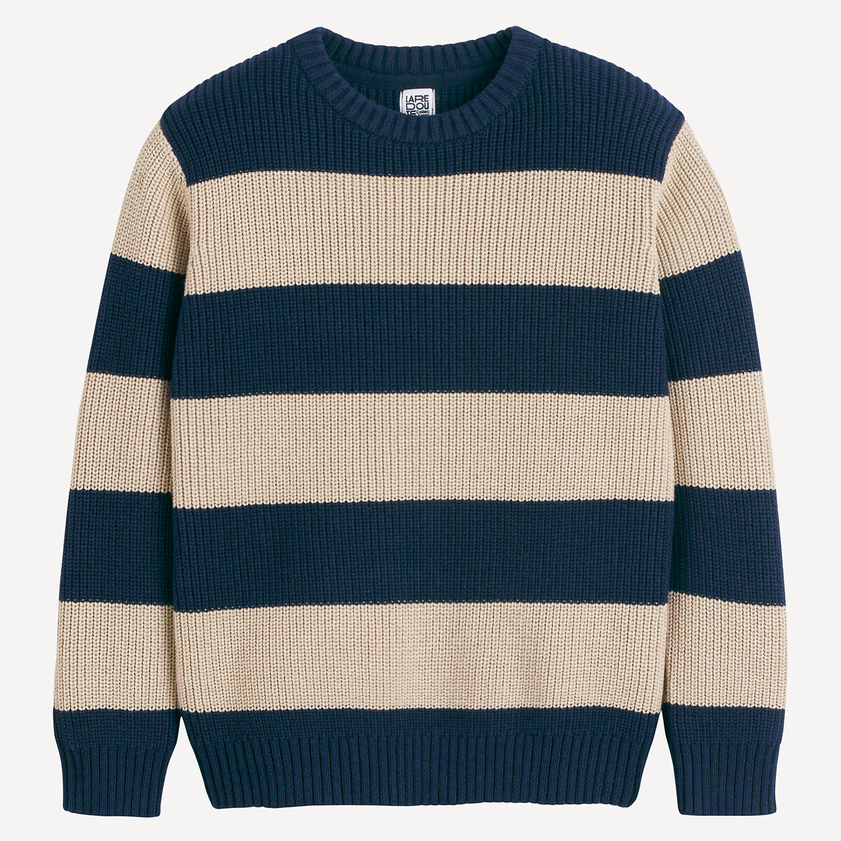 Striped Chunky Knit Jumper with Crew Neck navy/beige, LA REDOUTE COLLECTIONS