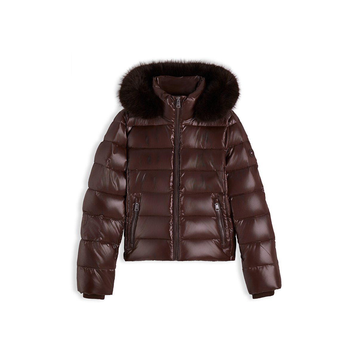 Doudoune courte à capuche et col duveteux chocolat, TOMMY HILFIGER