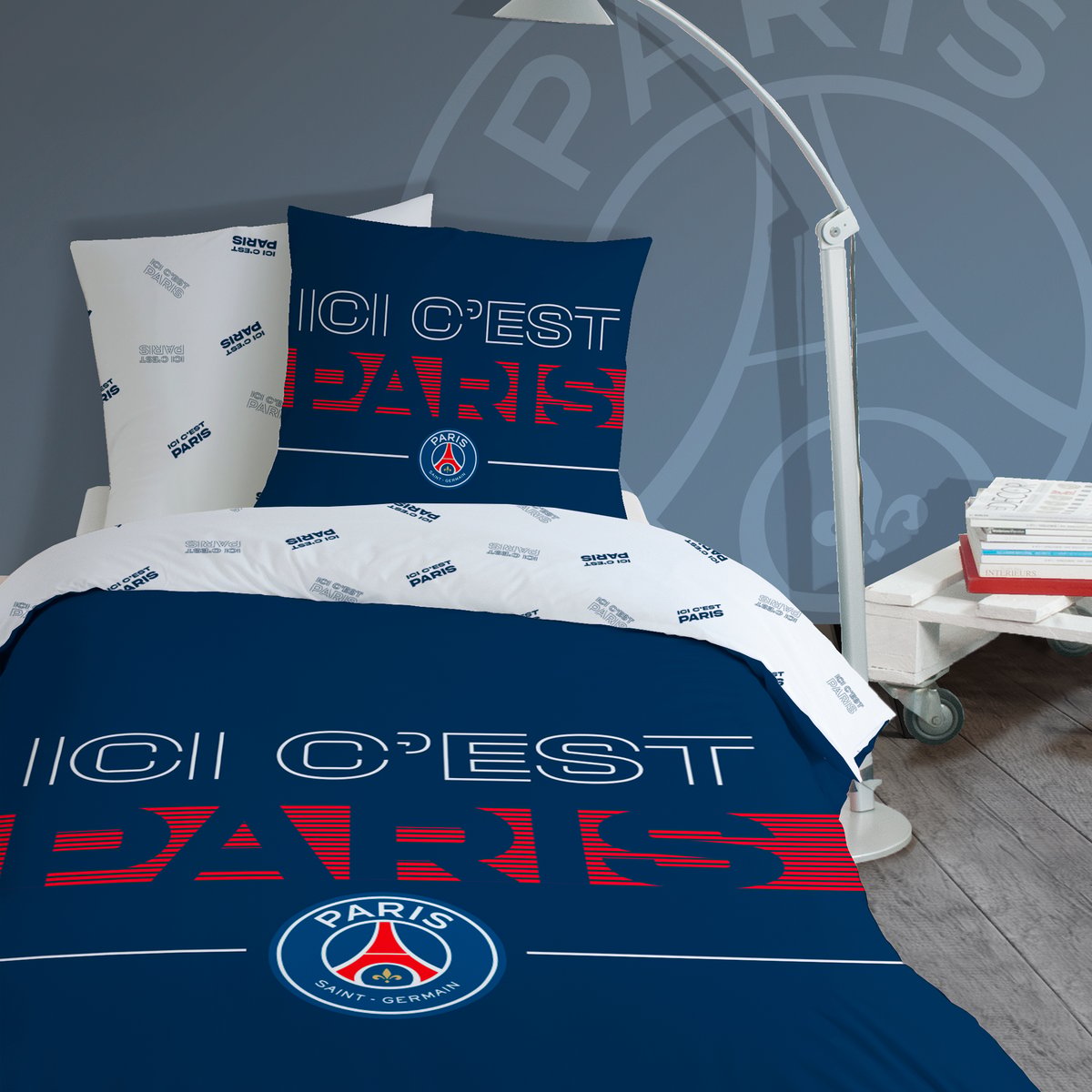 Parure de lit imprimée 100% coton, Paris Saint Germain DEVISE bleu, PSG