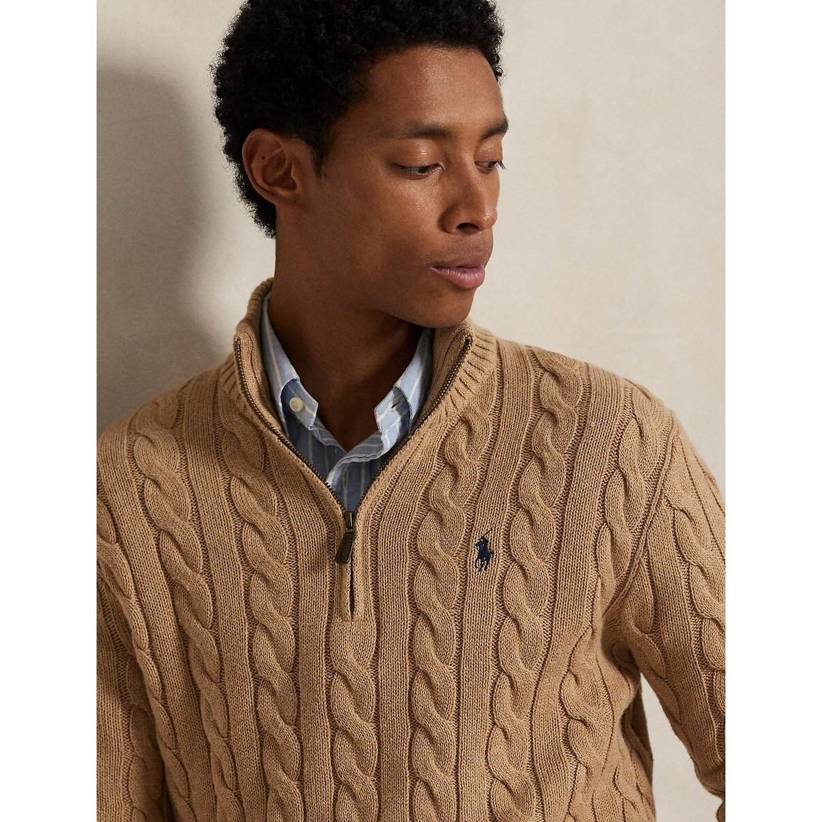 Pull demi-zippé en coton torsadé camel, POLO RALPH LAUREN