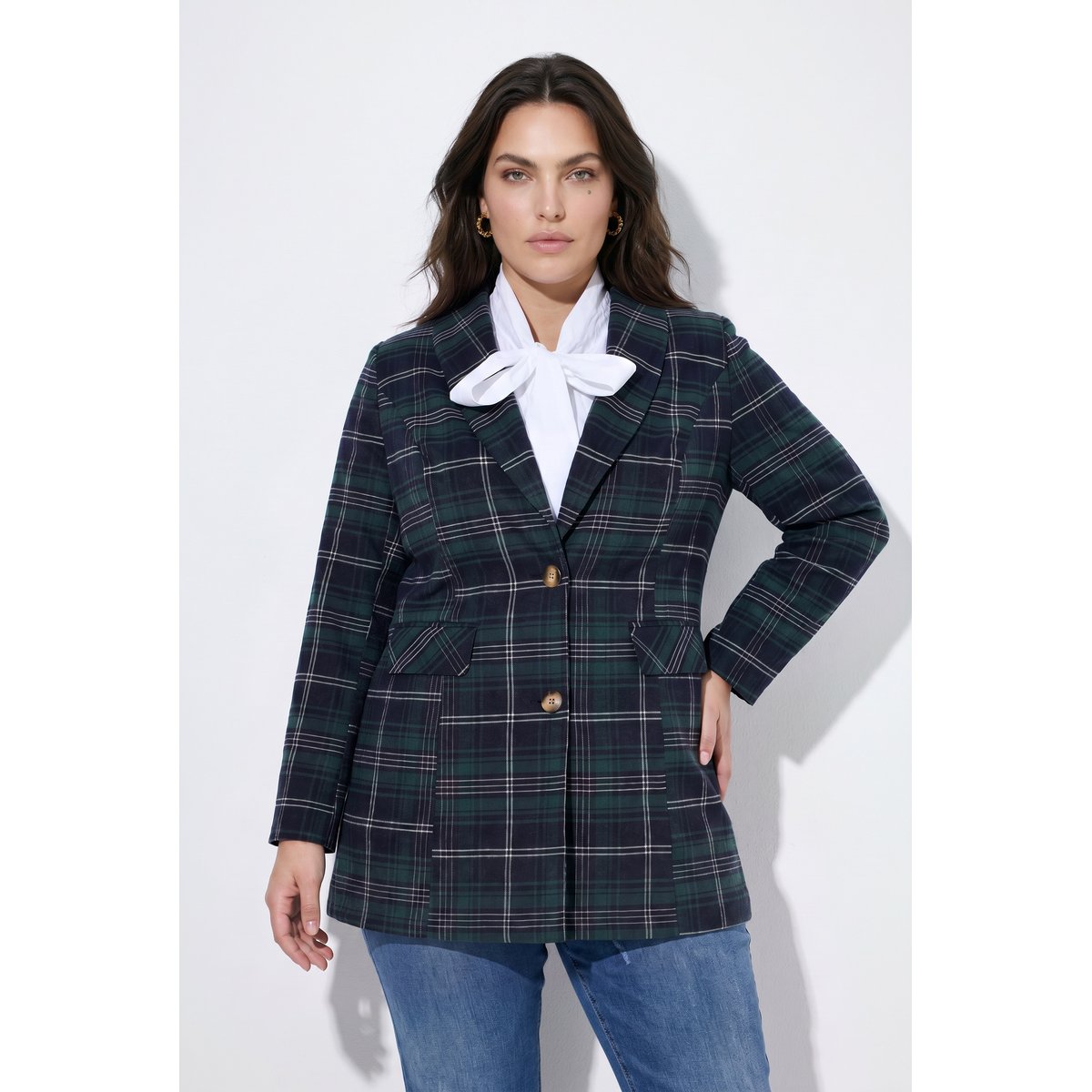 Blazer long, motif à carreaux noir, ULLA POPKEN