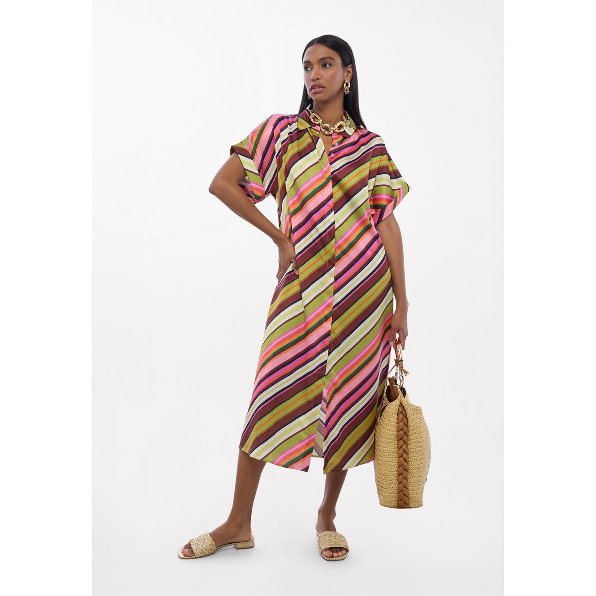 Robe chemise en satin à rayures diagonales multicolores ecru, LOLA CASADEMUNT