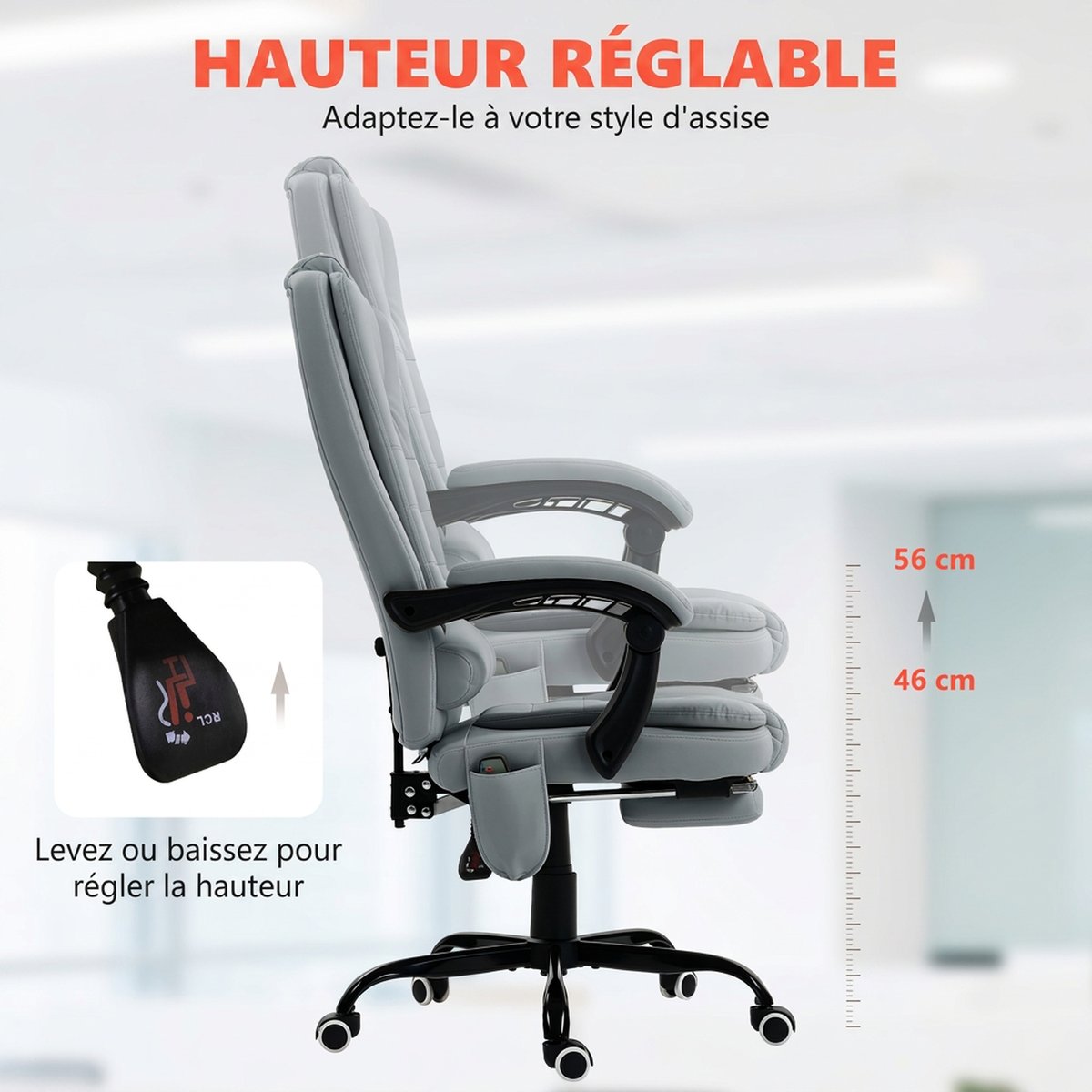 Fauteuil de bureau avec fonction massage gris, HOMCOM