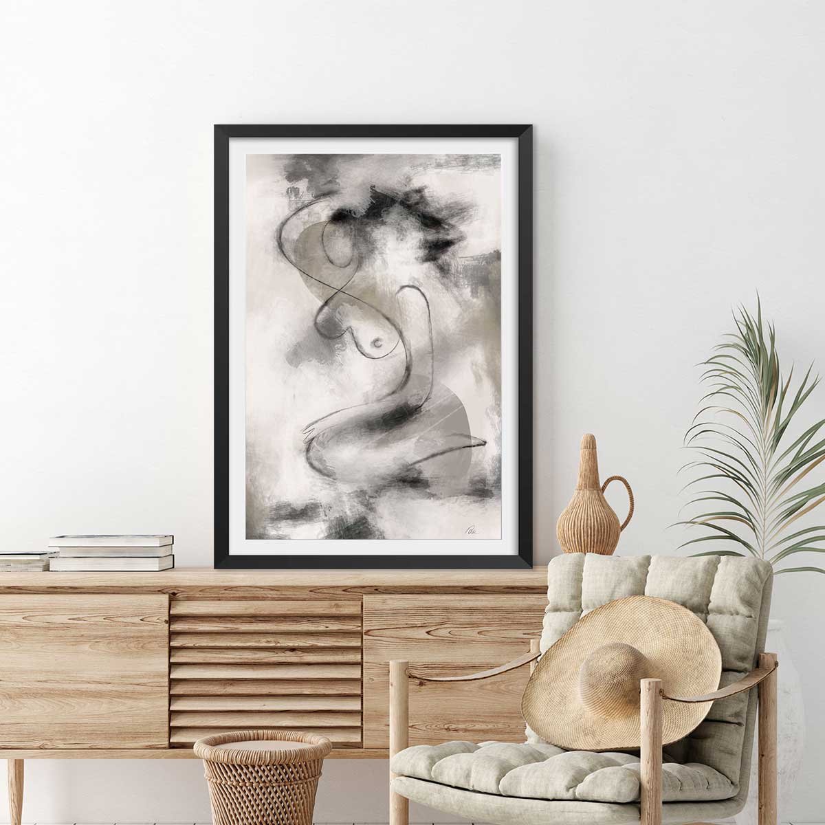 Affiche Eclats et courbe affiche + cadre en bois - noir, HEXOA