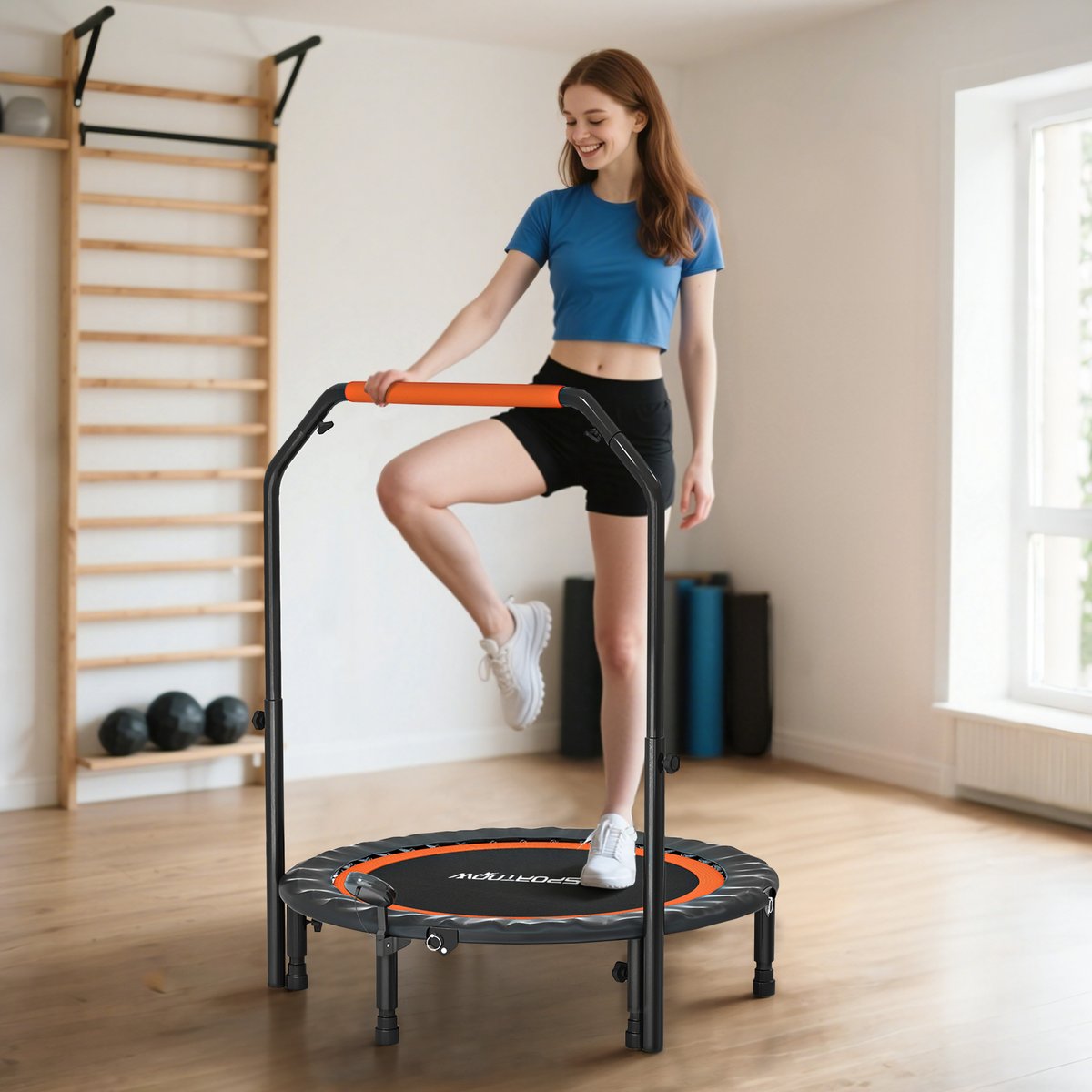 Trampoline de Fitness gym pliable réglable Ø 102 cm écran LCD noir rouge noir, HOMCOM