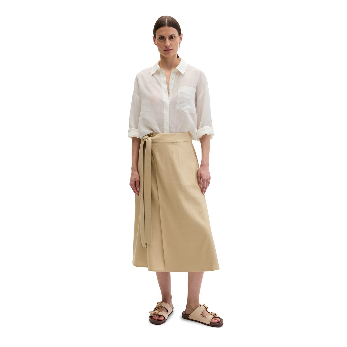 Jupe portefeuille regular en viscose-lin stretch beige, MARC O'POLO