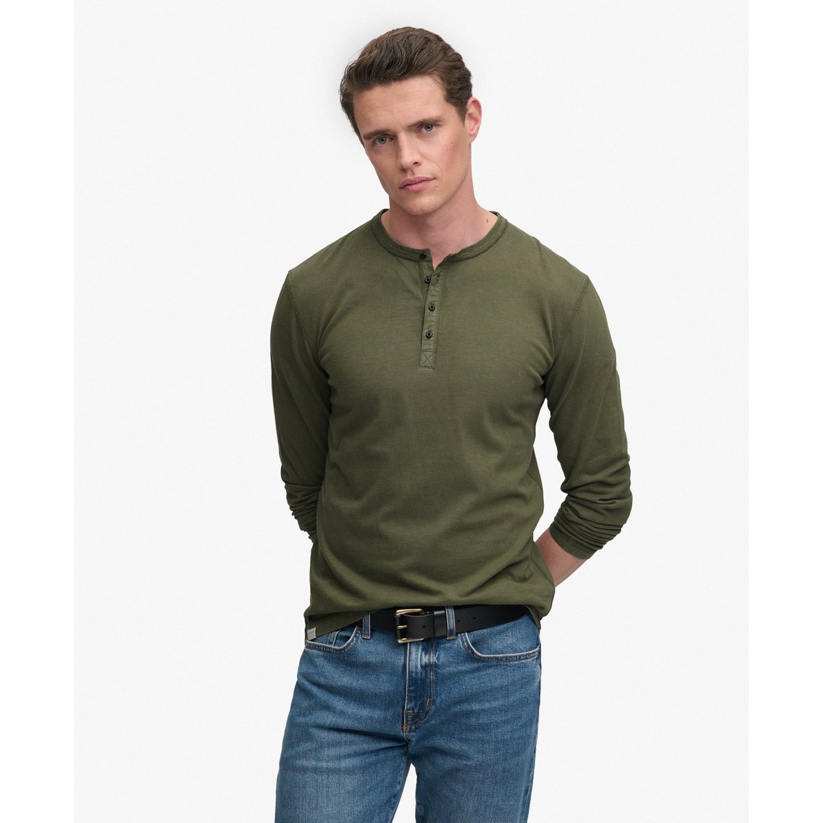 T-shirt Henley manches longues en jersey slub vert scarabée, SUPERDRY