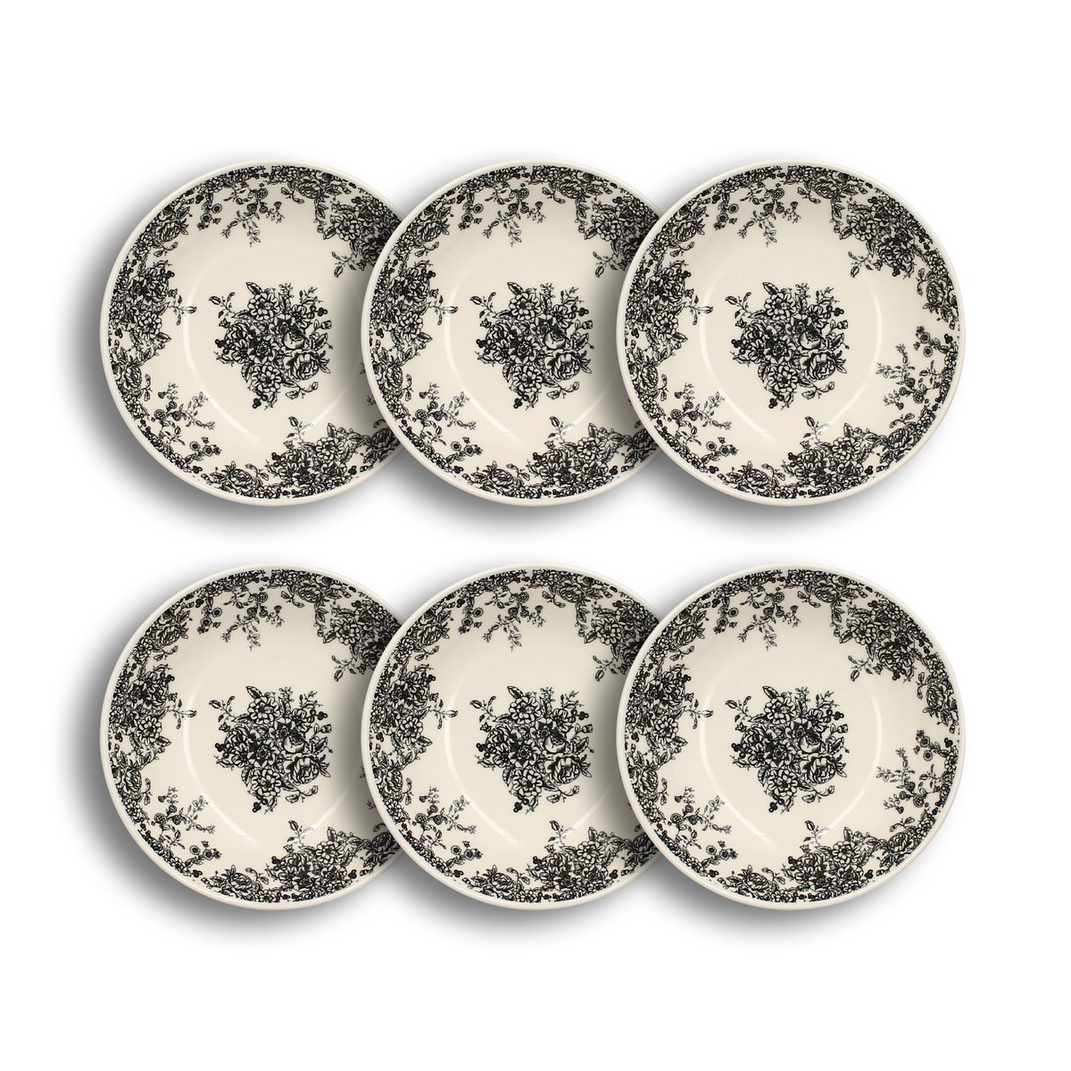 Lot de 6 assiettes creuses en grès 20,5cm, FLORALI noir, NOVASTYL