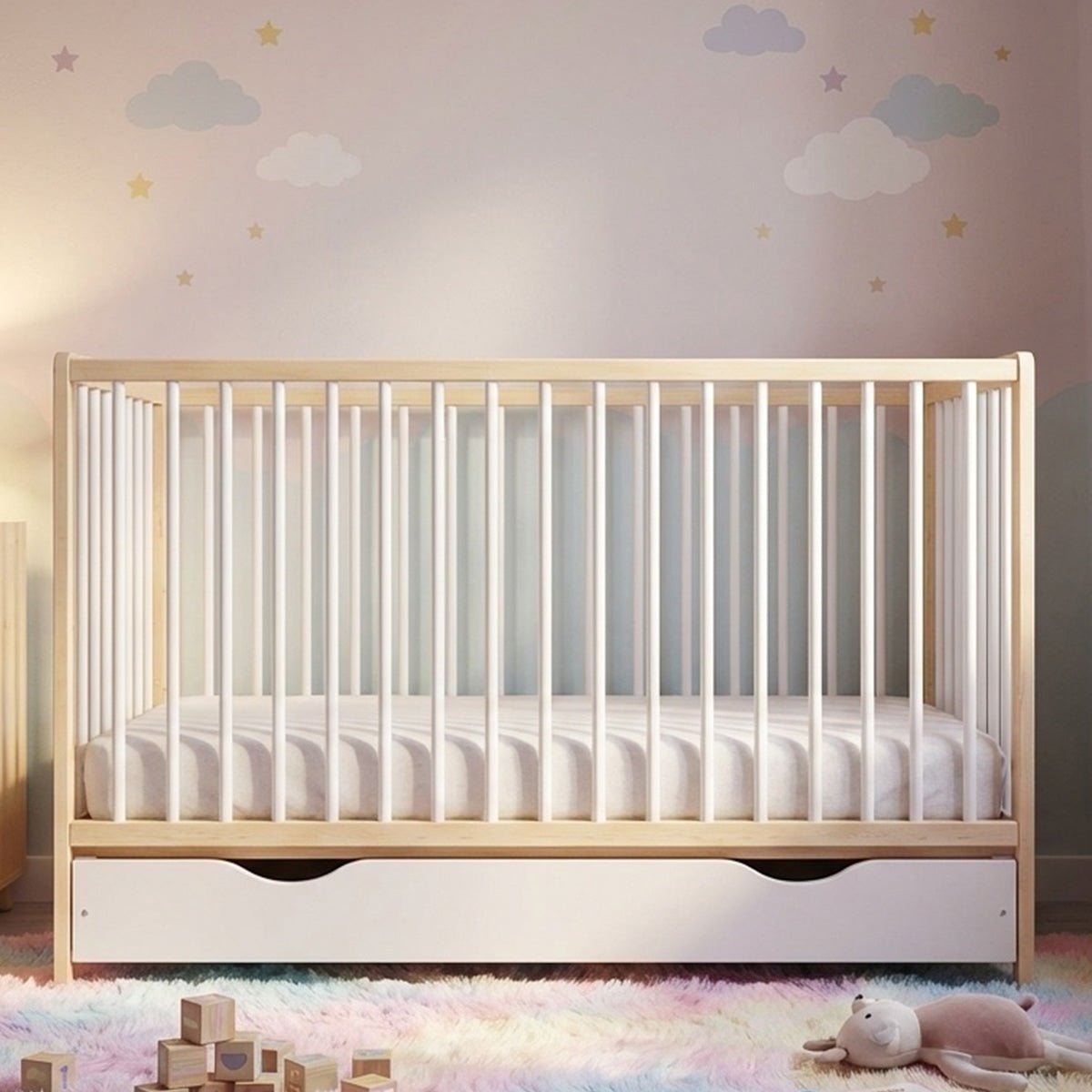 Lit bébé évolutif Mathis - De la naissance à 3 ans blanc et bois, MINEA