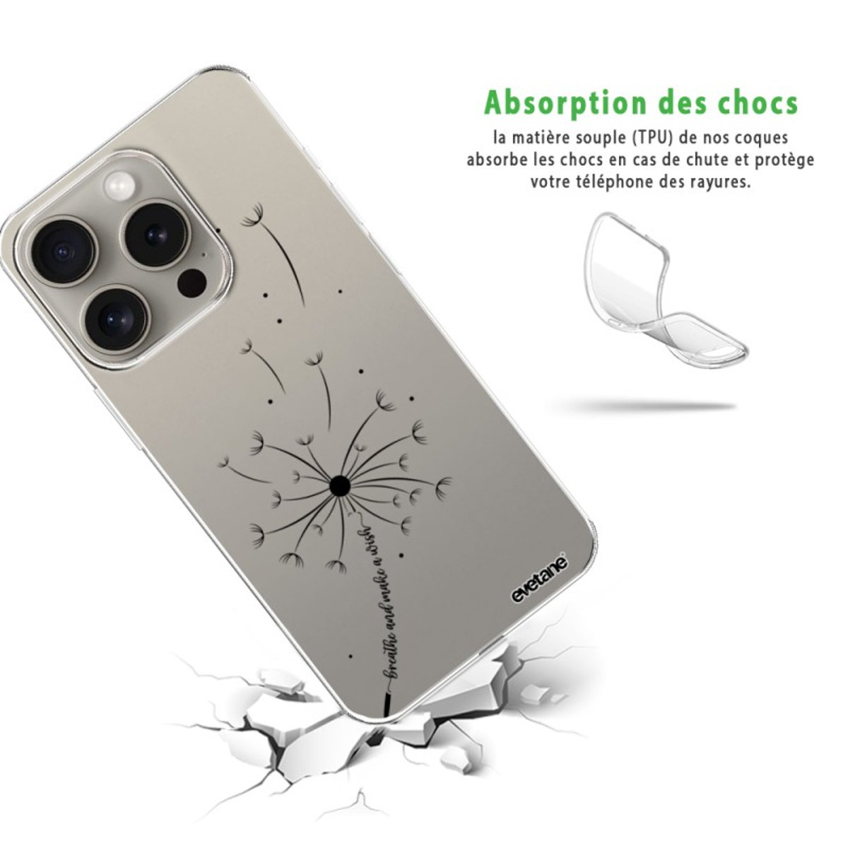 Coque 360 iPhone 15 Pro pissenlit make a wish, EVETANE