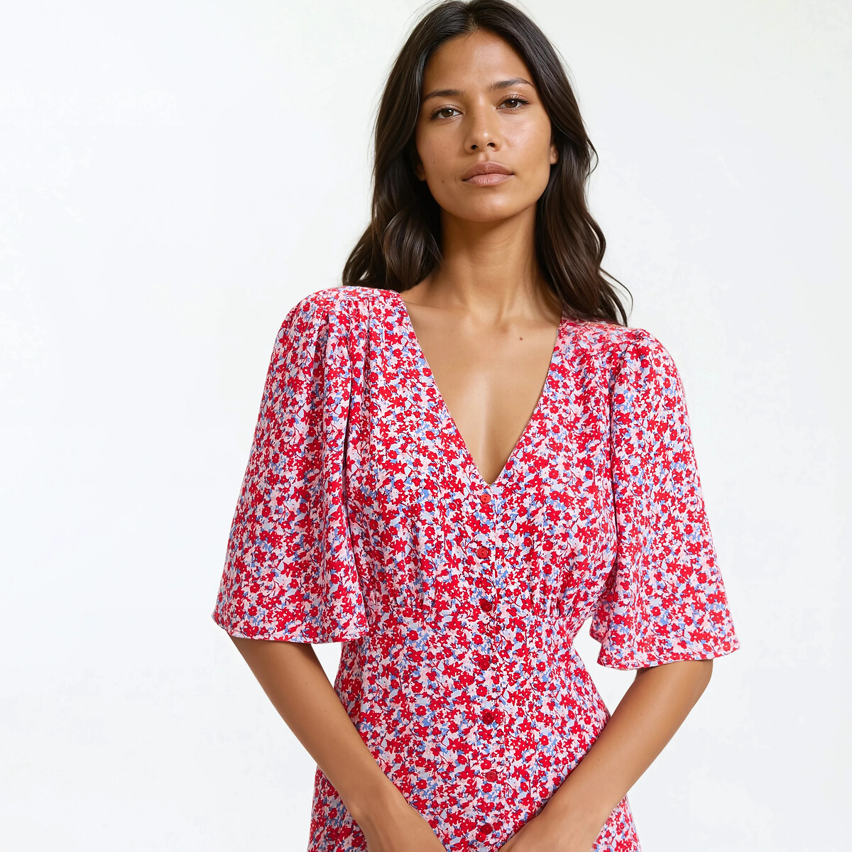 Robe évasée, imprimé floral, longue, manches courtes imprimé fleuri rose, LA REDOUTE COLLECTIONS
