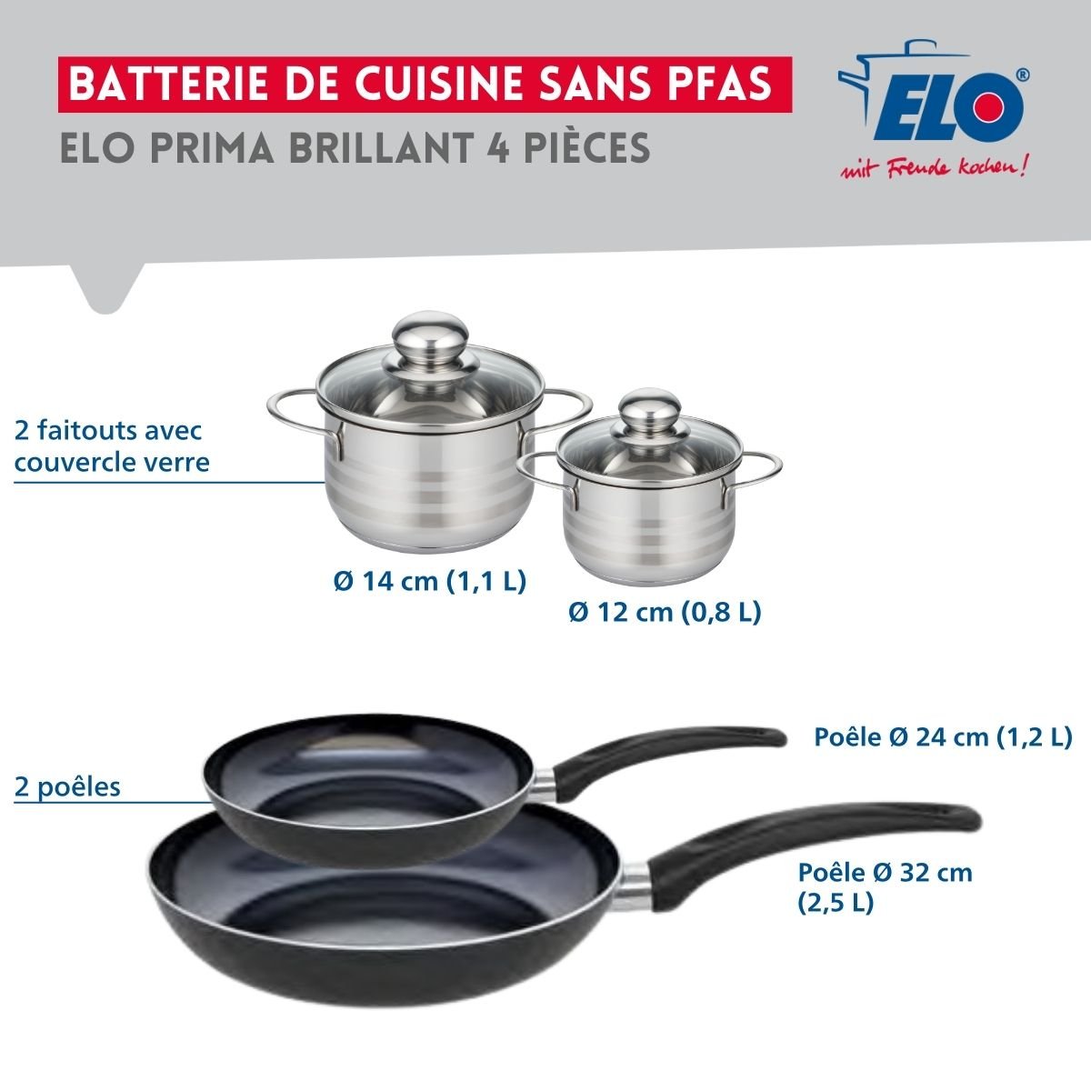 Batterie 2 poêles 24/32cm + 2 faitouts 12/14cm PRIMA BRILLANT noir, ELO