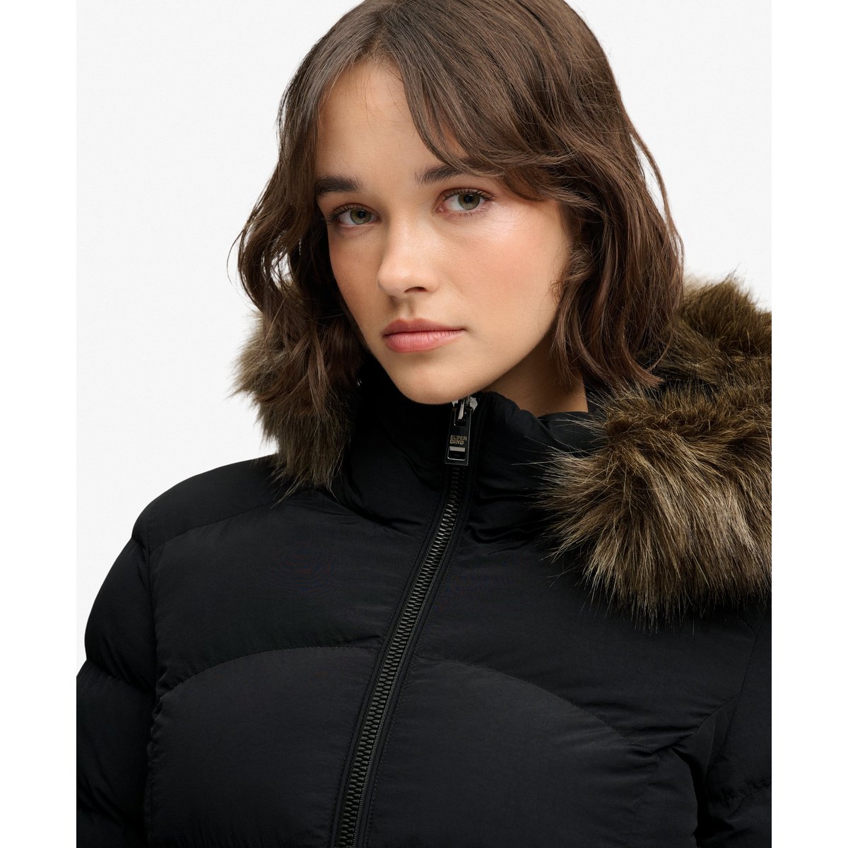 Veste Fuji Longue à Capuche en imitation Fourrure noir, SUPERDRY