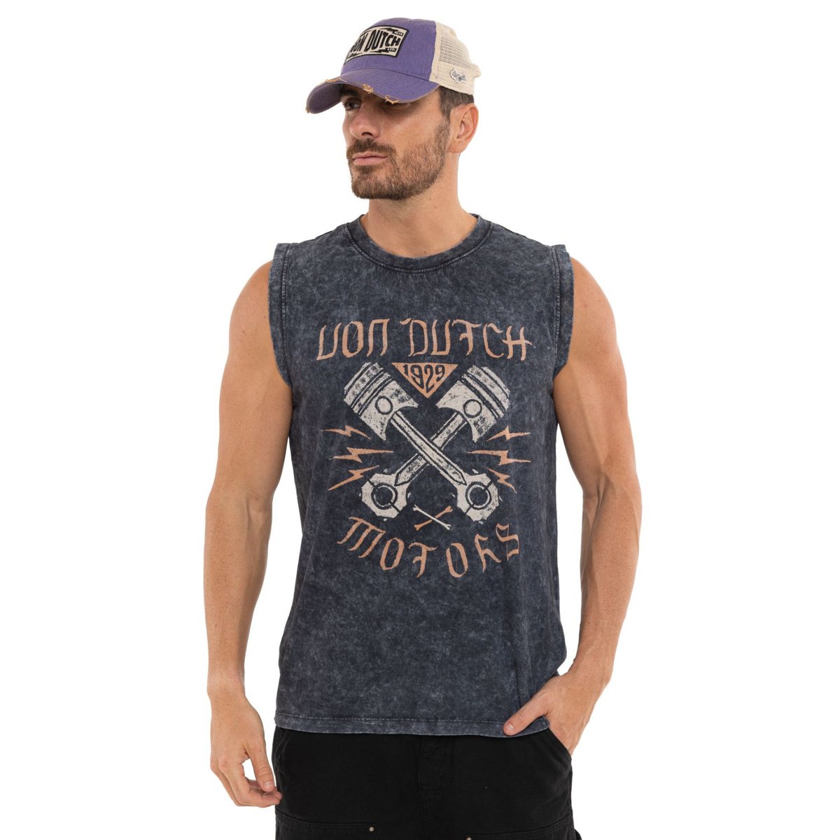 Débardeur homme col rond en jersey acid wash Sept gris/blanc/beige, VON DUTCH